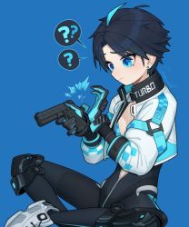 Rule 34 | 1girl, ?, ??, artist name, black bodysuit, black gloves, black hair, black survival, blue background, blue eyes, blue gloves, blue hair, bodysuit, breasts, cleavage, commentary, commission, cropped jacket, earrings, english commentary, eternal return: black survival, glock, glock, gloves, gun, handgun, highres, jacket, jewelry, knee pads, multicolored hair, open bodysuit, open clothes, original, pistol, raised eyebrow, reloading, shoes, short hair, simple background, small breasts, sneakers, solo, sparrowl, spoken question mark, streaked hair, two-tone gloves, weapon, white footwear, white jacket