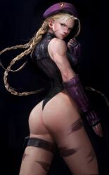 Rule 34 | 1girl, ass, bare shoulders, blonde hair, braid, breasts, cammy white, cham s, dark background, fingerless gloves, gloves, hat, highres, large breasts, leotard, lips, looking at viewer, looking back, sleeveless, street fighter, thong leotard