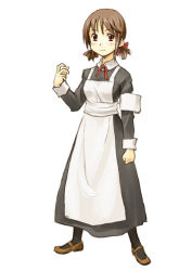 Rule 34 | 1girl, amagai tarou, apron, blush, brown hair, full body, hair ribbon, looking at viewer, maid, maid apron, mary janes, neck ribbon, original, red eyes, ribbon, shoes, short hair, simple background, solo, standing, twintails