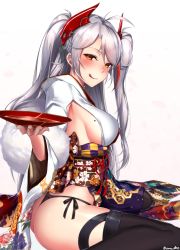 Rule 34 | 1girl, alcohol, aono meri, ass, azur lane, bad id, bad twitter id, black panties, black thighhighs, breasts, cup, floral print, hair ornament, highres, japanese clothes, kimono, licking lips, long hair, looking at viewer, medium breasts, mole, mole on breast, multicolored eyes, no bra, obi, panties, prinz eugen (azur lane), prinz eugen (profusion of flowers) (azur lane), red eyes, sakazuki, sake, sash, side-tie panties, sideboob, silver hair, simple background, sitting, smile, solo, thighhighs, thong, tongue, tongue out, twintails, twitter username, two side up, underwear, wariza, white background, yellow eyes