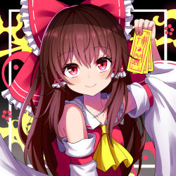 Rule 34 | 1girl, ascot, bare shoulders, bow, breasts, brown hair, chest sarashi, collarbone, collared vest, detached sleeves, frilled bow, frills, hair bow, hakurei reimu, highres, holding, long hair, long sleeves, looking at viewer, mol fire893, ofuda, red bow, red vest, ribbon-trimmed sleeves, ribbon trim, sarashi, shirt, small breasts, solo, touhou, very long hair, vest, white shirt, white sleeves, wide sleeves, yellow ascot