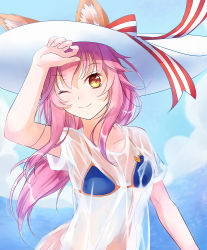 Rule 34 | 1girl, animal ears, bikini, blue bikini, breasts, cleavage, collarbone, ears through headwear, fate/grand order, fate (series), fox ears, fox tail, hat, long hair, looking at viewer, medium breasts, nature, ocean, one eye closed, pink hair, see-through, shirt, smile, solo, swimsuit, tail, tamamo (fate), tamamo no mae (fate/extra), tamamo no mae (swimsuit lancer) (fate), tamamo no mae (swimsuit lancer) (third ascension) (fate), wet, wet clothes, wet shirt, white hat, xiao yung lin, yellow eyes