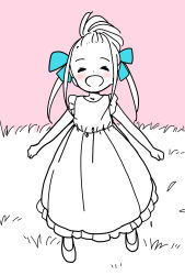 Rule 34 | 1girl, :d, ^ ^, alternate hairstyle, arms at sides, blue ribbon, blush, clenched hands, closed eyes, commentary request, split mouth, dot nose, dress, closed eyes, facing viewer, forehead, full body, grass, hair ribbon, happy, highres, hitoribocchi no marumaru seikatsu, katsuwo (cr66g), legs apart, open mouth, outdoors, partially colored, pink background, pleated dress, ribbon, shoes, sidelocks, simple background, smile, solo, sotoka rakita, standing, aged down