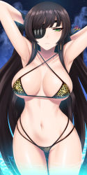 Rule 34 | 1girl, absurdres, animal print, armpits, arms up, bare arms, bare shoulders, bikini, black hair, breasts, cleavage, closed mouth, collarbone, counter:side, cowboy shot, criss-cross halter, eyepatch, frown, green eyes, halterneck, highres, jazz jack, large breasts, lee jisoo, long hair, looking at viewer, multi-strapped bikini, navel, official alternate costume, solo, stomach, string bikini, swimsuit, thighs, tiger print, v-shaped eyebrows, very long hair, yellow bikini