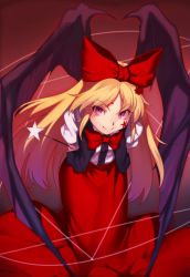 Rule 34 | 1girl, arms behind back, blonde hair, bow, closed mouth, elis (touhou), facepaint, facial mark, hair bow, kaiza (rider000), leaning forward, long hair, long skirt, long sleeves, looking at viewer, pink eyes, red bow, red skirt, skirt, smile, solo, star (symbol), touhou, touhou (pc-98), wand, wings