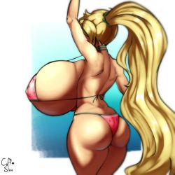 Rule 34 | 1girl, arm up, ass, back, bikini, blonde hair, breasts, cassie (theycallhimcake), coffeeslice, covered erect nipples, curvy, from behind, gigantic breasts, highres, hip focus, huge ass, long hair, original, ponytail, simple background, solo, standing, strap gap, swimsuit, thick thighs, thighs, very long hair, wide hips