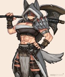Rule 34 | 1girl, abs, absurdres, animal ears, axe, barbarian, black nails, bracelet, breasts, cleavage, crop top, ezzydraws, fingerless gloves, gloves, grey hair, hand on own hip, highres, hood, jewelry, knife, large breasts, looking at viewer, muscular, muscular female, one eye closed, orange eyes, original, over shoulder, pelt, scar, scar across eye, signature, smile, solo, tail, weapon, weapon over shoulder, wolf ears, wolf girl, wolf tail