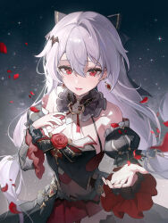 Rule 34 | 1girl, black dress, breasts, cleavage, detached sleeves, dress, earrings, hair ornament, highres, honkai (series), honkai impact 3rd, jewelry, looking at viewer, theresa apocalypse (luna kindred), open mouth, outstretched hand, petals, reaching, reaching towards viewer, red eyes, solo, star (symbol), starry background, tearing up, theresa apocalypse, theresa apocalypse (lunar vow: crimson love), ttosom, white hair