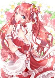 Rule 34 | 1girl, apron, bare shoulders, bareback, blue eyes, blush, bow, candy, detached sleeves, dress, ears visible through hair, floral background, food, fruit, green eyes, hair bow, hair ornament, highres, lollipop, long hair, looking at viewer, looking to the side, multicolored eyes, original, red bow, red dress, red hair, sidelocks, solo, strawberry, tongue, tongue out, twintails, wrist cuffs, wristband, yugirlpict