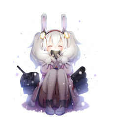 Rule 34 | 1girl, ^ ^, animal ears, azur lane, boots, closed eyes, coat, commentary, cup, hairband, headgear, holding, holding cup, knees up, laffey (azur lane), long hair, long sleeves, nitchi, panties, pantyshot, pink coat, rabbit ears, red hairband, sitting, sleeves past wrists, snow, solo, steam, striped clothes, striped panties, thighhighs, torpedo tubes, twintails, underwear, white footwear, white hair, white thighhighs