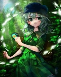 Rule 34 | 1girl, artist name, blush, day, dress, forest, grass, green dress, green eyes, green hair, green skirt, hair between eyes, hat, highres, holding, looking to the side, nature, outdoors, shianebulae, short sleeves, signature, skirt, smile, solo, touhou, yamashiro takane