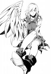 Rule 34 | 1girl, ankle boots, boots, bow, bowtie, dress, greyscale, high heels, highres, jacket, kishin sagume, monochrome, one eye closed, open clothes, ruukii drift, shirt, shoe soles, short hair, simple background, single wing, sketch, solo, thighhighs, touhou, white background, wings