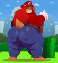 Rule 34 | 1girl, absurdres, ass, belt, blush, bowser, breasts, closed mouth, eric lowery, eyebrows, fang, fat, female focus, furry, furry female, gender request, genderswap, gloves, hat, highres, horns, huge ass, huge breasts, koopa, looking back, mario (series), matching hair/eyes, monster, monster girl, navel, nintendo, obese, red eyes, red hair, shirt, single horn, solo, super mario bros. 1, tail, white gloves, wrench