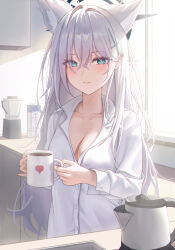 Rule 34 | 1girl, animal ear fluff, animal ears, black halo, blue archive, blue eyes, breasts, cleavage, closed mouth, coffee, collarbone, commentary request, cross hair ornament, cup, grey hair, hair between eyes, hair ornament, halo, holding, holding cup, long hair, long sleeves, looking at viewer, medium breasts, melt (melt out1), shiroko (blue archive), shiroko terror (blue archive), shirt, sleepy, solo, white shirt