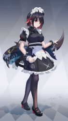 Rule 34 | 1girl, absurdres, bear minstrel, black dress, black hair, breasts, cetacean tail, colored inner hair, dress, ellen joe, fins, fish tail, frilled wristband, full body, hair ornament, highres, holding own tail, large breasts, maid, maid headdress, medium breasts, multicolored hair, red eyes, red hair, red nails, shark girl, shark hair ornament, shark tail, short hair, solo, standing, tail, zenless zone zero