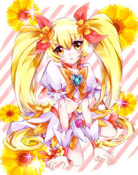 Rule 34 | 10s, 1girl, blonde hair, bow, breasts, brooch, choker, cure sunshine, flower, hair ribbon, heart, heart brooch, heartcatch precure!, long hair, looking at viewer, magical girl, midriff, mipa brm, myoudouin itsuki, navel, orange bow, precure, ribbon, small breasts, solo, sunflower, twintails, underboob, wrist cuffs, yellow eyes