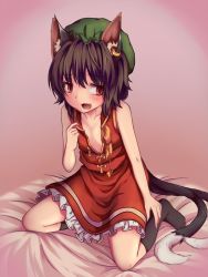 Rule 34 | 1girl, :3, animal ears, bare shoulders, black socks, breasts, brown eyes, brown hair, cat ears, cat tail, chen, china dress, chinese clothes, collarbone, dress, fang, green hat, hat, kneehighs, kusiyan, looking to the side, mob cap, multiple tails, nekomata, short dress, short hair, small breasts, socks, solo, tail, touhou, undressing