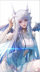 Rule 34 | bracelet, breasts, chinese clothes, douluo dalu, dragon wings, gu yuena, highres, jewelry, large breasts, long hair, necklace, purple eyes, silver hair, solo, thighs, weibo logo, weibo watermark, wings