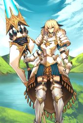 Rule 34 | 1girl, alternate costume, armor, armored boots, black hair, blonde hair, boots, breastplate, casul, commission, fate/grand order, fate (series), gareth (fate), gauntlets, highres, hill, holding polearm, holding weapon, lake, lance, multicolored hair, aged up, pauldrons, polearm, shoulder armor, solo, solo focus, thighhighs, thighs, two-tone hair, weapon