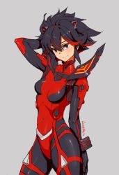 Rule 34 | 1girl, adapted costume, arm at side, arm behind back, arm behind head, arm up, black eyes, black hair, blush, covered navel, cowboy shot, crossover, dated, from side, grey background, hair between eyes, highres, interface headset, kill la kill, legs apart, lucidsky, matoi ryuuko, multicolored hair, narrow waist, navel, neon genesis evangelion, parted bangs, plugsuit, red hair, senketsu, short hair, simple background, skin tight, smile, solo, spiked hair, standing, thighs, tight clothes, turtleneck