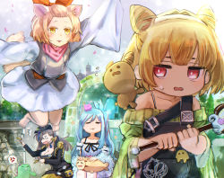 Rule 34 | 4girls, anger vein, animal ears, ash blossom &amp; joyous spring, barefoot, blonde hair, blue hair, breasts, brown hair, cleavage, commentary, commission, cone hair bun, dog ears, dog tail, duel monster, closed eyes, floating, forehead, full body, green sweater, grey hair, hair bun, hatano kiyoshi, highres, holding, holding staff, japanese clothes, kimono, multiple girls, nervous, outdoors, overalls, red eyes, ribbon, short kimono, skeb commission, staff, sweater, tail, tongue, tongue out, witchcrafter haine, witchcrafter madame verre, witchcrafter potterie, yu-gi-oh!