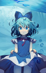 Rule 34 | 1girl, :t, air bubble, bare arms, bloomers, blue bow, blue dress, blue eyes, blue hair, bow, bubble, cirno, closed mouth, clothes lift, commentary request, cowboy shot, dress, dress lift, hair bow, highres, ice, ice wings, kitada mo, lifting own clothes, looking at viewer, short hair, short sleeves, solo, touhou, underwater, underwear, wings
