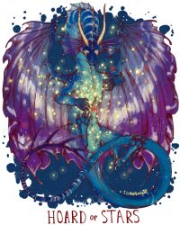 artist_name blue_background blue_scales border claws commission dragon fantasy floating full_body glowing horns iguanamouth looking_at_viewer monster night night_sky no_humans original purple_wings sky space spines star_(sky) starry_sky white_border wings yellow_eyes yellow_horns yellow_light