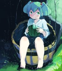 Rule 34 | 1girl, bad id, bad twitter id, bare legs, barefoot, blush, bucket, food, fruit, full body, green eyes, green hair, hair bobbles, hair ornament, heiya, japanese clothes, kimono, kisume, light particles, long sleeves, looking at viewer, matching hair/eyes, partially submerged, sitting, smile, solo, touhou, twintails, water, watermelon, wide sleeves, yukata