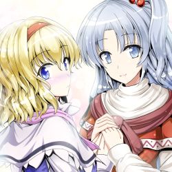 Rule 34 | 2girls, alice margatroid, blonde hair, blue eyes, blush, capelet, closed mouth, hair bobbles, hair ornament, hairband, holding hands, long hair, long sleeves, looking at viewer, looking to the side, mother and daughter, multiple girls, nose blush, one side up, red hairband, shinki (touhou), short hair, grey eyes, silver hair, smile, touhou, touhou (pc-98), uppercut, white background, y2