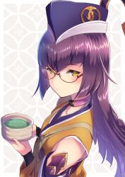 Rule 34 | 1girl, arm warmers, armor, bare shoulders, choker, closed mouth, commentary request, cup, from side, glasses, green tea, half-closed eyes, hands up, hat, holding, holding cup, japanese clothes, kasen kanesada (tenka hyakken), long hair, looking at viewer, looking to the side, okanoyuno, purple hair, semi-rimless eyewear, shippou (pattern), shoulder armor, solo, tea, tenka hyakken, under-rim eyewear, yellow eyes