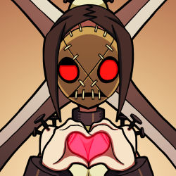 Rule 34 | 1girl, bare shoulders, beige background, brown hair, cross, hair bun, heart, heart hands, looking at viewer, mask, painwheel (skullgirls), red eyes, screw, shisen, simple background, single hair bun, skullgirls, solo, stitches, uneven eyes, upper body