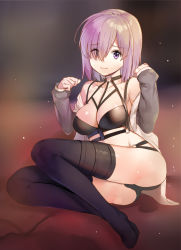 Rule 34 | ass, bad id, bad pixiv id, black bra, black panties, black thighhighs, bra, breasts, cleavage, eyes visible through hair, fate/grand order, fate (series), hair over one eye, halterneck, large breasts, lying, mash kyrielight, o-ring, o-ring bottom, o-ring legwear, o-ring panties, o-ring top, on side, open clothes, panties, purple eyes, purple hair, short hair, shovelwall, shovelwell, smile, solo, thighhighs, thighs, underwear
