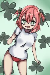 Rule 34 | 1girl, clover, commission, denyel, eyebrows, eyelashes, fuyo cloverfield, green eyes, hair ornament, hair ribbon, highres, idol corp, knees up, looking at viewer, open mouth, pink hair, pointy ears, ribbon, short hair, simple background, teeth, thighs, virtual youtuber