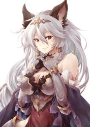 Rule 34 | 1girl, animal ears, armor, armored dress, bad id, bad pixiv id, bare shoulders, breastplate, breasts, cat ears, cleavage, closed mouth, dress, erune, granblue fantasy, hair between eyes, hair tubes, heles, large breasts, long hair, looking at viewer, own hands clasped, own hands together, purple shawl, shawl, silver hair, smile, solo, strapless, strapless dress, very long hair, yellow eyes, yue (lov n n)