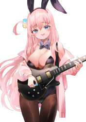 Rule 34 | 1girl, animal ears, blue eyes, blush, bocchi the rock!, bow, bowtie, breasts, cleavage, cube hair ornament, detached collar, fake animal ears, fuyouchu, gotoh hitori, guitar, hair between eyes, hair ornament, highres, holding, holding instrument, instrument, jacket, large breasts, leotard, long hair, long sleeves, looking at viewer, off shoulder, one side up, open clothes, open jacket, open mouth, pantyhose, pink hair, playboy bunny, puffy long sleeves, puffy sleeves, rabbit ears, solo, strapless, strapless leotard, very long hair
