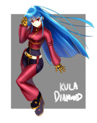 Rule 34 | 1girl, blue hair, boots, gloves, highres, hime cut, kula diamond, long hair, ogami, red eyes, snk, solo, the king of fighters