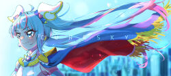 Rule 34 | 1girl, ahoge, animal, blue cape, blue eyes, blue hair, cape, character name, closed mouth, commentary, cure sky, cut bangs, earclip, earrings, fox, highres, hirogaru sky! precure, holding, holding animal, in-franchise crossover, jewelry, long hair, looking to the side, magical girl, multicolored hair, pink hair, precure, red cape, single sidelock, smile, solo, sora harewataru, streaked hair, tsukuda hayato, twintails, two-sided cape, two-sided fabric, wind, wing hair ornament