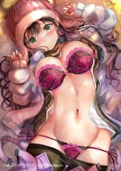 Rule 34 | 1girl, black pantyhose, blush, bra, breasts, brown hair, clothes lift, clothes pull, front-hook bra, green eyes, hat, jacket, large breasts, lingerie, long hair, looking at viewer, lying, melonbooks, navel, ogata tei, on back, open bra, open clothes, open jacket, original, panties, pantyhose, pantyhose pull, pink bra, pink panties, solo, sweater, sweater lift, underwear, undone bra, unzipped