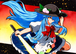 Rule 34 | 1girl, apron, bad id, bad pixiv id, blouse, blue bow, blue hair, blue skirt, bow, bowtie, buttons, dress shirt, food, frills, fruit, hat, hinanawi tenshi, long hair, neck ribbon, peach, puffy short sleeves, puffy sleeves, qqqrinkappp, rainbow order, red bow, red eyes, ribbon, shirt, short sleeves, skirt, solo, sword of hisou, touhou, traditional media, white shirt, wing collar