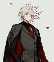 Rule 34 | 1boy, alternate costume, bishounen, black shirt, closed mouth, collared shirt, eyeshadow, fate/grand order, fate (series), grey background, grey jacket, grey vest, hair over one eye, jacket, jacket on shoulders, karna (fate), long sleeves, makeup, male focus, mo (mocopo), necktie, one eye covered, pale skin, red eyes, red necktie, shirt, simple background, solo, upper body, vest, wing collar