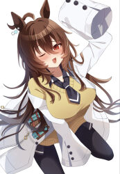 Rule 34 | 1girl, agnes tachyon (umamusume), ahoge, alternate hair length, alternate hairstyle, animal ears, arm up, bandolier, black necktie, black pantyhose, blush, brown hair, chemical structure, coat, coat partially removed, collared shirt, earrings, flask, highres, holding, holding flask, horse ears, horse girl, jewelry, kaoru (h8qm9), lab coat, long hair, looking at viewer, necktie, one eye closed, open clothes, open coat, open mouth, pantyhose, red eyes, shirt, simple background, single earring, sleeves past fingers, sleeves past wrists, smile, solo, sweater vest, test tube, umamusume, very long hair, very long sleeves, white background, white coat, yellow sweater vest