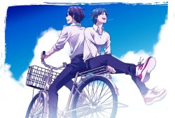 Rule 34 | 2boys, :d, artist name, ataka takeru, belt, bicycle, blouse, blue sky, closed eyes, cloud, collared shirt, day, glasses, laughing, long sleeves, male focus, multiple boys, multiple riders, open mouth, outdoors, pants, riding, riding bicycle, ryman&#039;s club, shiratori mikoto (ryman&#039;s club), shirt, shoes, sky, sleeves rolled up, smile, sneakers, tachibana azuma, white shirt