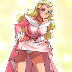 Rule 34 | 1980s (style), 1girl, bare shoulders, belt, blonde hair, blue eyes, blush, braid, breasts, breasts apart, cameltoe, circlet, clothes lift, cowboy shot, dress, dress lift, french braid, haruyama kazunori, hyakujuu-ou golion, impossible clothes, impossible dress, jewelry, large breasts, leaning forward, legs apart, lifting own clothes, light particles, long hair, long sleeves, lowres, necklace, off shoulder, oldschool, outline, panties, pantyshot, parted lips, pink dress, princess, princess farla, retro artstyle, simple background, skirt, skirt lift, sleeve cuffs, solo, spoiled, standing, toei animation, underwear, very long hair, wavy hair, white panties, yellow background