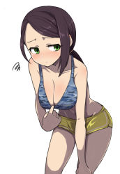 Rule 34 | 10s, 1girl, bare shoulders, black hair, blush, breasts, camouflage, camouflage shirt, cleavage, dolphin shorts, gazacy (dai), green eyes, gym shorts, hand on own knee, highres, idolmaster, idolmaster cinderella girls, large breasts, long hair, looking away, midriff, navel, ponytail, shirt, short shorts, shorts, simple background, solo, sports bra, sportswear, white background, wide hips, yamato aki