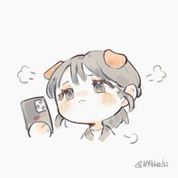 Rule 34 | 1girl, :&lt;, akechi (826988799), animal ears, animification, black eyes, black hair, cellphone, chibi, chinese commentary, dog ears, exy (wjsn), frown, grey background, hair behind ear, highres, holding, holding phone, k-pop, kemonomimi mode, phone, photo-referenced, portrait, real life, shirt, smartphone, solo, twitter username, white shirt, wjsn