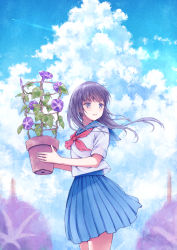 Rule 34 | 1girl, blouse, blue eyes, blue skirt, blue sky, closed mouth, cloud, cloudy sky, commentary request, day, flower, flower pot, holding, holding flower, holding flower pot, legs together, long sleeves, looking to the side, morning glory, nagidango, neckerchief, original, outdoors, pleated skirt, purple hair, red neckerchief, school uniform, serafuku, shirt, short sleeves, skirt, sky, solo, standing, white shirt, wind