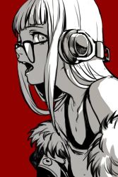 Rule 34 | 10s, 1girl, atlus, breasts, cleavage, fur trim, glasses, headphones, hungry clicker, jacket, long hair, looking at viewer, monochrome, open mouth, persona, persona 5, red background, sakura futaba, sega, simple background, solo