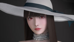 Rule 34 | 1girl, 3d, asian, black hair, choker, close-up, expressionless, facing viewer, frilled choker, frills, grey background, hasshaku-sama, hat, highres, looking at viewer, mafavam, red eyes, simple background, solo, straight hair, sun hat, virt-a-mate, white choker, white hat