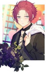 Rule 34 | 1boy, balloon, black shirt, black vest, blue eyes, blue lock, collared shirt, flower, formal, hand up, holding, holding clothes, holding jacket, itoshi sae, jacket, jitome, long sleeves, looking at viewer, male focus, necktie, nokcha26, over shoulder, purple flower, red hair, shirt, short hair, sleeves past wrists, solo, upper body, vest, white necktie