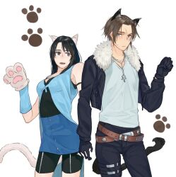 Rule 34 | 1boy, 1girl, animal ears, animal hands, arm warmers, belt, black gloves, black hair, black jacket, black pants, black shorts, black tank top, blue eyes, blue skirt, blue vest, blush, brown hair, cat ears, cat girl, cat paws, cat tail, final fantasy, final fantasy viii, fur-trimmed jacket, fur trim, gloves, grey eyes, holding hands, jacket, jewelry, leather belt, long hair, long sleeves, multicolored hair, multiple belts, necklace, nini tw99, open clothes, open jacket, open mouth, pants, paw gloves, paw pose, paw print, rinoa heartilly, scar, scar on face, shirt, short hair, shorts, simple background, skirt, sleeveless, smile, squall leonhart, streaked hair, sweatdrop, tail, tank top, v-neck, vest, white background, white fur, white shirt